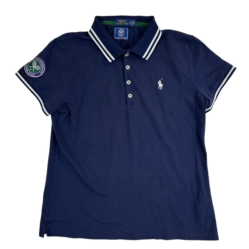 Polo Ralph Lauren Wimbledon Tennis Polo Shirt Navy Blue Womens Large Pony Logo - Picture 1 of 8